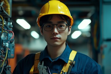Repairman mechanic, Asian young handyman holding tools and wearing a yellow safety helmet, prepared for his work, Generative AI