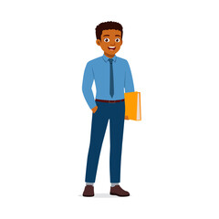 Happy African American Businessman Standing Holding a File and Wearing a Tie