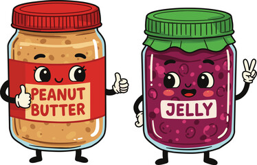Charming Cartoon Peanut Butter and Jelly Jars with Faces, One Giving Thumbs Up and the Other a Peace Sign, Symbolizing Delicious Pairings and Friendship.