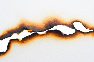 Burning paper on white paper with shadow, text copy space.