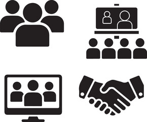Set of four business icons representing teamwork and virtual meetings silhouette