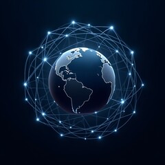 Earth globe on blue and black backgrounds showing continents and global network design