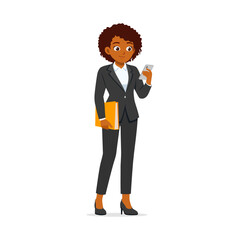 African American Businesswoman Holding a File and Using Her Smartphone Device in a Suit