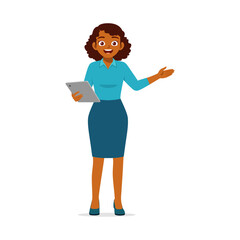 Smiling African American business woman holding tablet in hand presenting with hand gesture