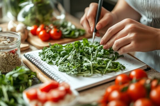The person planning a daily menu during dieting and writing in a diary to motivate herself, organizing meals and tracking progress, Generative AI