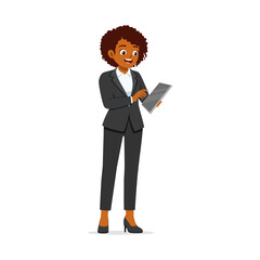 African American Businesswoman in Suit Using Tablet with Cheerful Expression