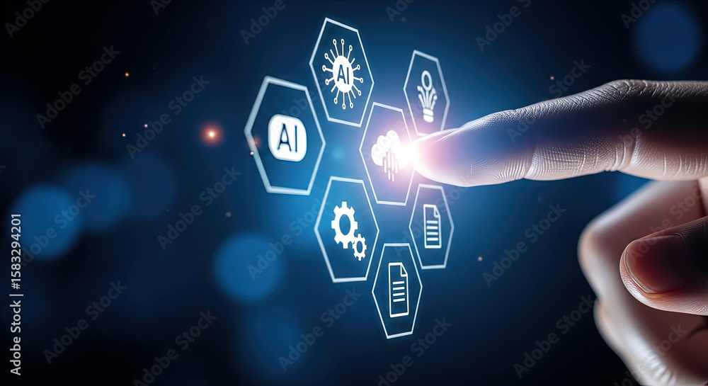 Poster innovative ai technology concept: finger touching digital interface with ai, cloud, and data icons f