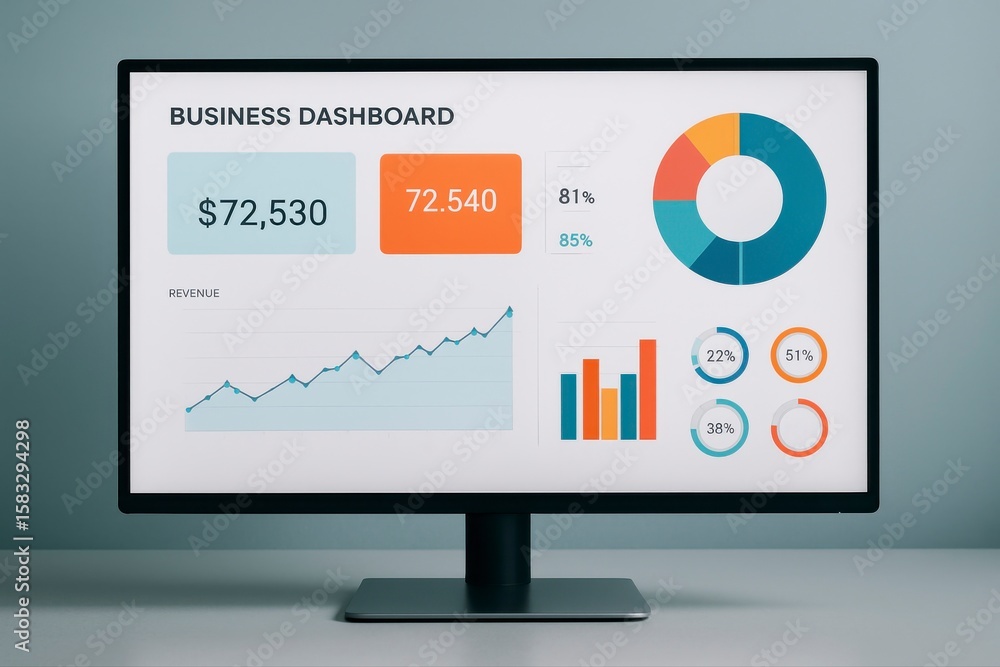 Poster business dashboard showing financial data analytics on a modern computer screen display for financia