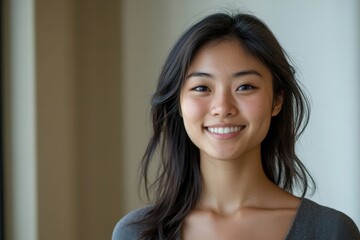 Happy young Asian woman smiling, isolated against a neutral background, radiating positivity and confidence, Generative AI