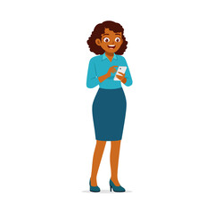 Cheerful African American Woman in Formal Wear Using Smartphone with a Happy Expression