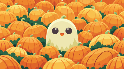 Cartoon ghost surrounded by many orange pumpkins with green stems and leaves in a field scene