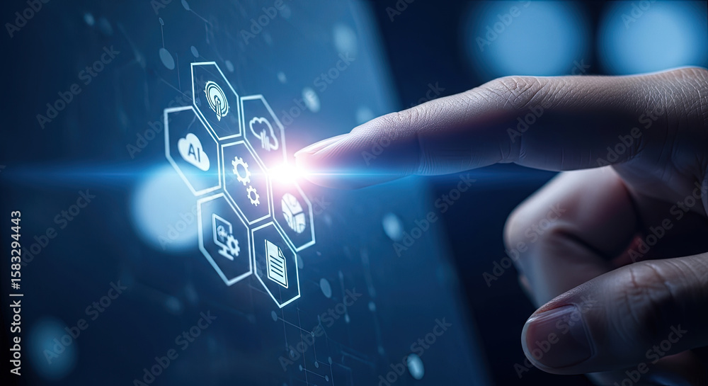 Poster finger touching digital interface with ai cloud and data icons for business technology and innovatio