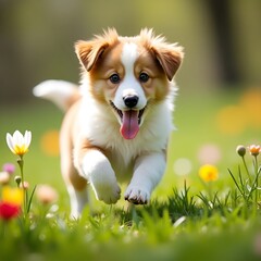 Golden retriever puppy running happily in green grass outdoors