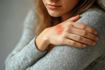 Person with a red rash on their arm from an insect bite allergy, addressing skin irritation and seeking relief, Generative AI