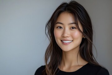 Happy young Asian woman smiling, isolated against a neutral background, radiating positivity and confidence, Generative AI