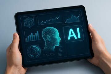 Man holds a tablet displaying artificial intelligence technology and digital graphs for business and automation.