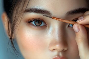 Asian woman drawing her eyebrows to perfect her facial features, enhancing her look as part of her daily beauty routine, Generative AI