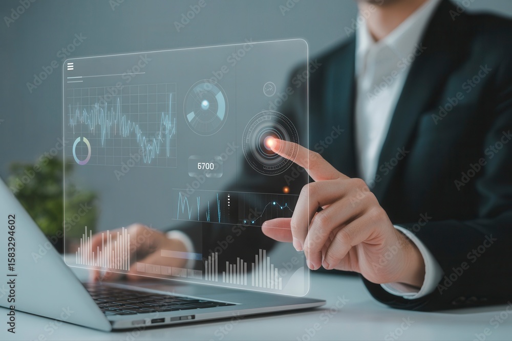 Poster businessman interacts with futuristic digital interface, analyzing data on a transparent screen usin