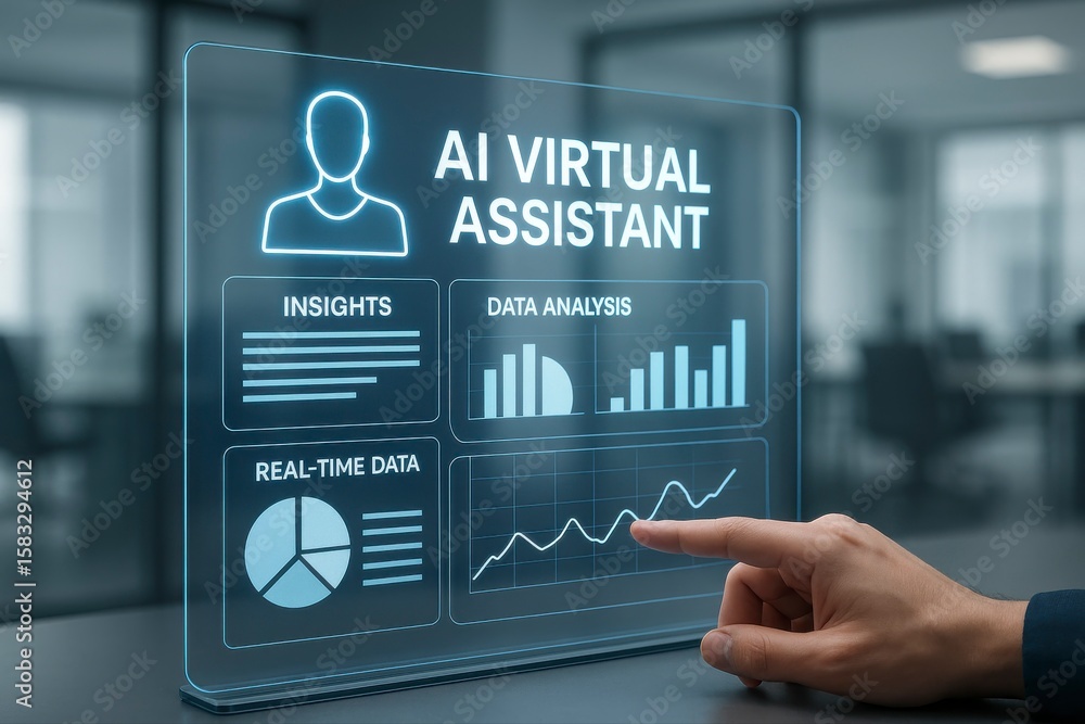 Poster artificial intelligence virtual assistant displays insights and data analysis with a hand touching t
