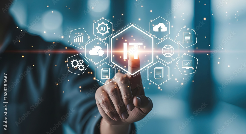 Poster modern it solutions: hand touching digital interface with ai, cloud, and data icons for business tec