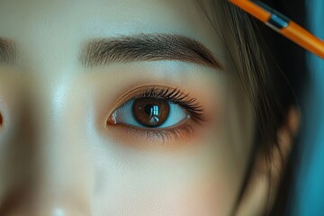 Asian woman drawing her eyebrows to perfect her facial features, enhancing her look as part of her daily beauty routine, Generative AI
