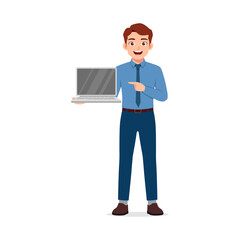 Smiling Young Businessman Holding Laptop and Pointing at Screen Presentation, Illustration