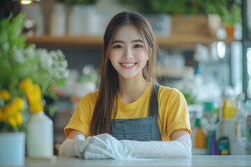 Happy female housekeeper service worker mopping the living room floor with a mop and cleaner product to clean dust, Generative AI