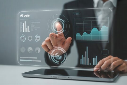 Business intelligence dashboard is tapped on a digital tablet screen with financial data and charts