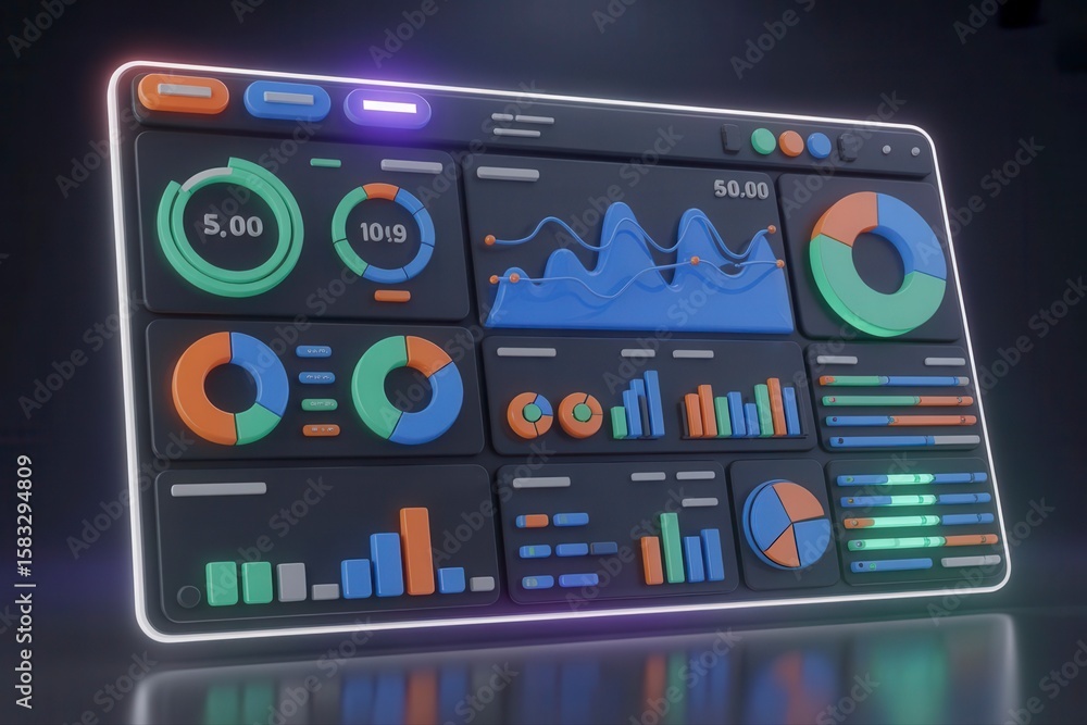 Poster dashboard interface with modern, colorful elements showing data analysis and graphical representatio