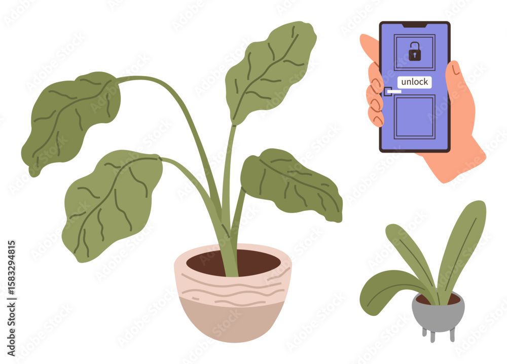 Poster greenery in decorative pots with a smartphone unlock interface in hand. ideal for technology, nature