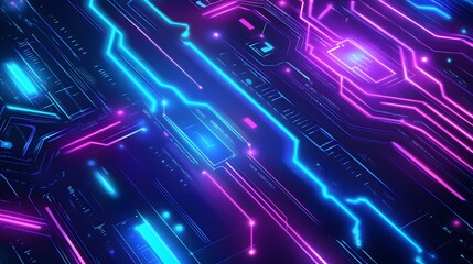 Neon glowing circuit board texture.