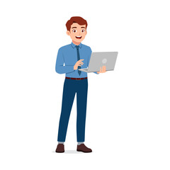 Happy Businessman Holding Laptop Computer Standing Wearing Formal Clothes with Smile Expression