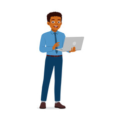 Happy African American Businessman Holding Laptop Standing and Smiling on White Background