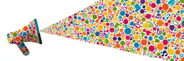 Colorful Megaphone Disperses Vibrant Sound Wave Icons Promoting Communication and Creativity in a Lively Atmosphere