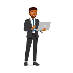 Confident African American Businessman in Suit Holding Laptop and Smiling in Studio Shot