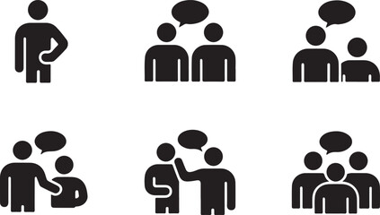 Set of six black human figures in silhouette with speech bubbles silhouette