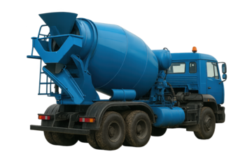 A blue concrete mixer truck parked, showcasing robust design and functionality, essential for construction and building projects.