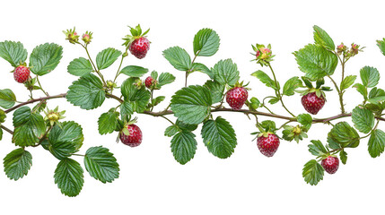 Horizontal large branch of a strawberry plant with leaves on a cutout PNG transparent background