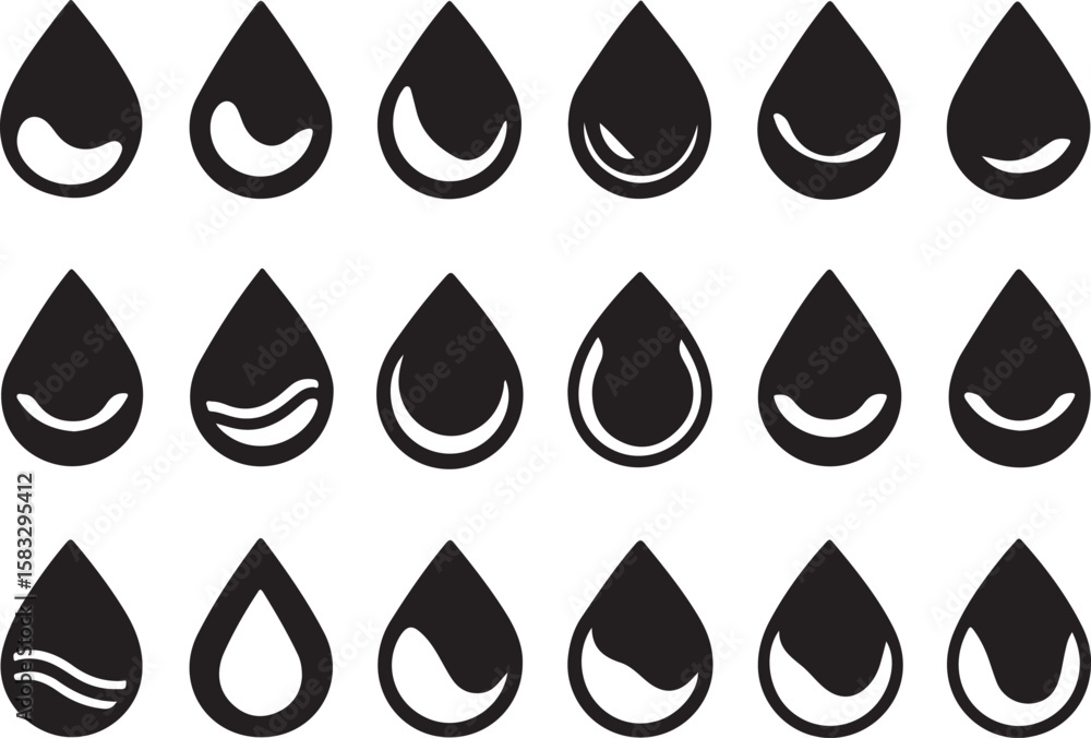 Poster collection of black water drop icons with different fill levels and wave patterns silhouette