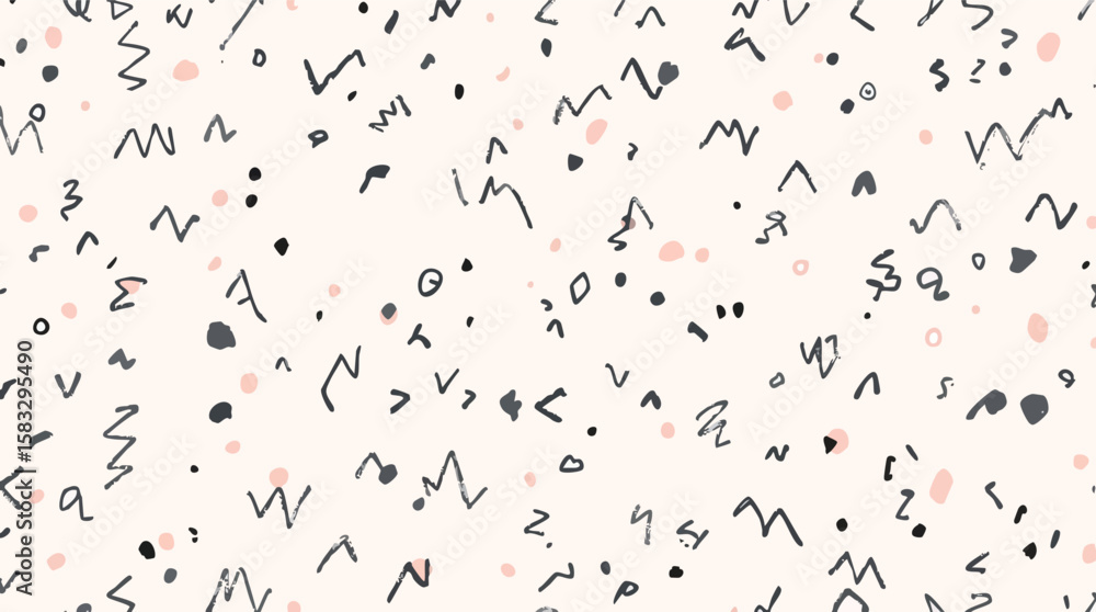 Poster hand drawn abstract pattern with random shapes and marks on a light background.