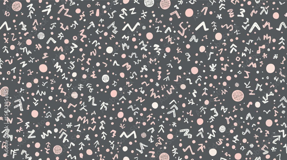 Poster seamless pattern with hand drawn abstract shapes and dots in pastel color palette on dark gray backg
