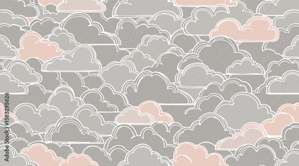 Poster seamless cloud pattern with soft grey and dusty rose clouds in a minimalist style.