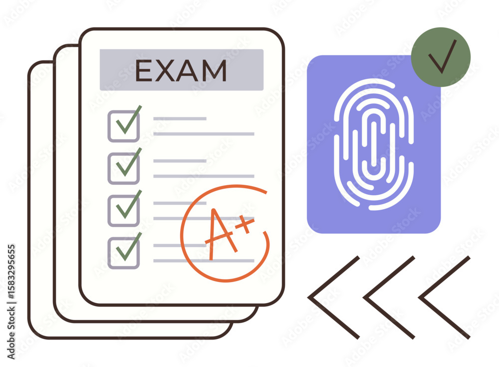 Poster exam papers with checkmarks and a grade alongside a fingerprint scanner highlight secure authenticat