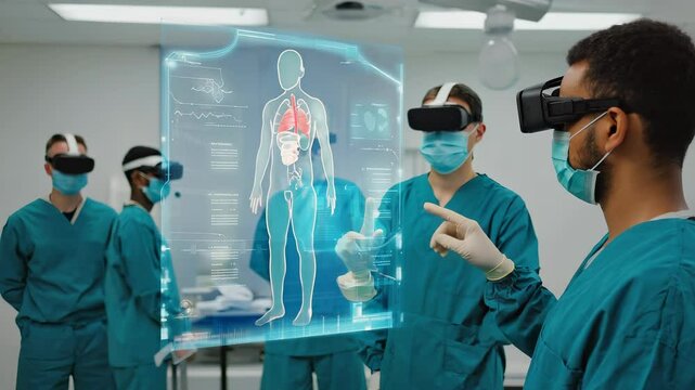 Surgeon in scrubs uses hand gestures to manipulate a holographic human anatomy model, isolating the heart while a team watches intently through virtual reality headsets, enhancing surgical training