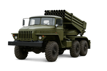 Obraz premium A military truck designed for heavy-duty transport and equipped with a missile launcher for tactical operations.