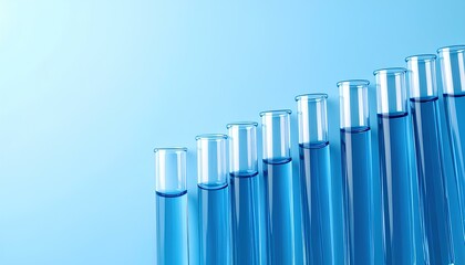 Obraz premium Row of blue liquid filled laboratory test tubes arranged in ascending order on a light blue background