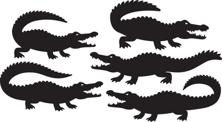 Group of five alligators in a playful silhouette arrangement