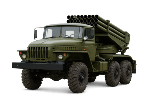 A military truck designed for heavy-duty transport and equipped with a missile launcher for tactical operations.