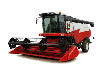 A modern agricultural combine harvester showcased against a white background, exemplifying advanced farming technology.