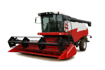 A modern agricultural combine harvester showcased against a white background, exemplifying advanced farming technology.
